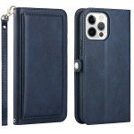 Wholesale Premium PU Leather Folio Wallet Front Cover Case with Card Holder Slots and Wrist Strap for Apple iPhone 15 Pro Max (Navy Blue)