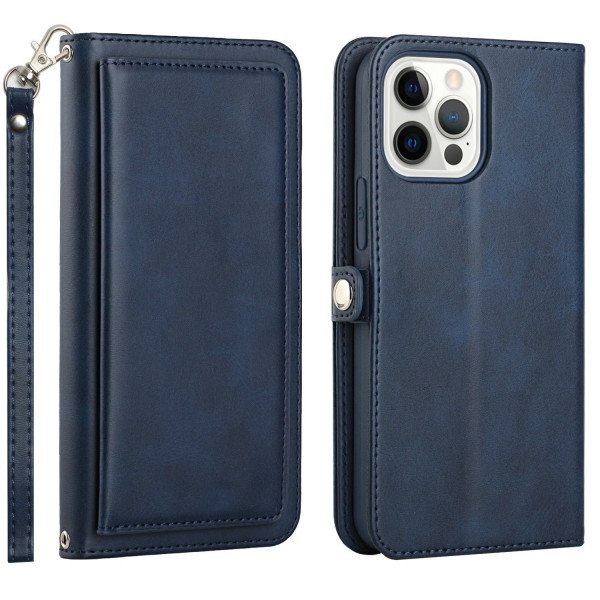 Wholesale Premium PU Leather Folio Wallet Front Cover Case with Card Holder Slots and Wrist Strap for Apple iPhone 15 Pro Max (Navy Blue)