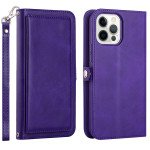 Premium PU Leather Folio Wallet Front Cover Case with Card Holder Slots and Wrist Strap for Apple iPhone 15 Pro Max (Purple)