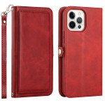 Premium PU Leather Folio Wallet Front Cover Case with Card Holder Slots and Wrist Strap for Apple iPhone 15 Pro Max (Red)