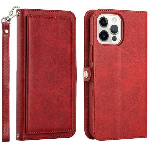 Wholesale Premium PU Leather Folio Wallet Front Cover Case with Card Holder Slots and Wrist Strap for Apple iPhone 15 Pro (Red)