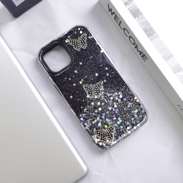 Wholesale Butterfly Crystal Shiny Glitter Rainbow Sparkling Jewel Case Cover for Apple iPhone 15 Pro Max (Black)