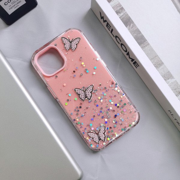 Wholesale Butterfly Crystal Shiny Glitter Rainbow Sparkling Jewel Case Cover for Apple iPhone 15 Plus (Pink)