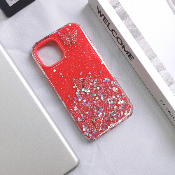 Wholesale Butterfly Crystal Shiny Glitter Rainbow Sparkling Jewel Case Cover for Apple iPhone 15 (Red)