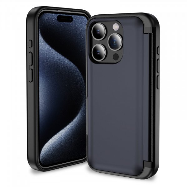 Wholesale Matte Finish Strong Armor Magnetic Clasp Card Holder Kickstand Hybrid Case for Apple iPhone 15 Pro Max (Blue)