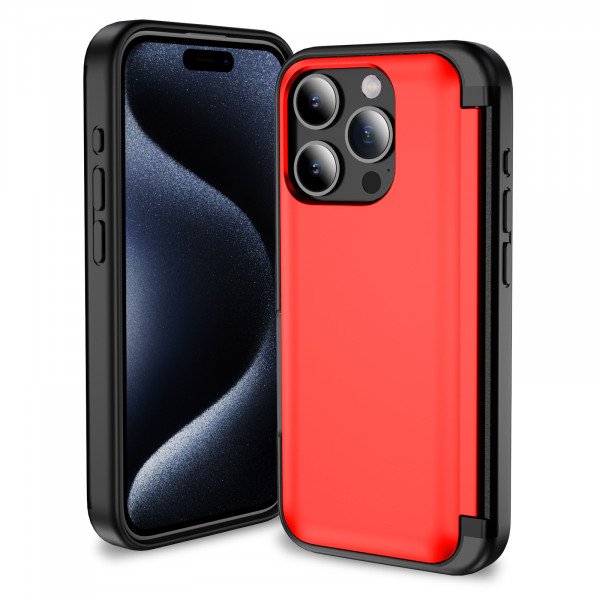 Wholesale Matte Finish Strong Armor Magnetic Clasp Card Holder Kickstand Hybrid Case for Apple iPhone 15 Pro (Red)