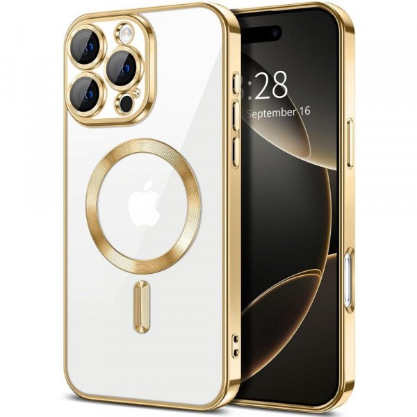 Wholesale Premium Chrome Design Transparent Magnetic Ring Case with Camera Protection for Apple iPhone 15 Pro Max (Gold)
