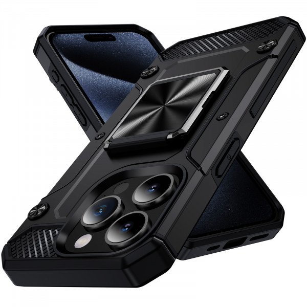 Wholesale Dual Layer Rotating Cube Ring Holder Kickstand Case with Magnetic Car Mount Plate for Apple iPhone 15 Pro Max (Black)