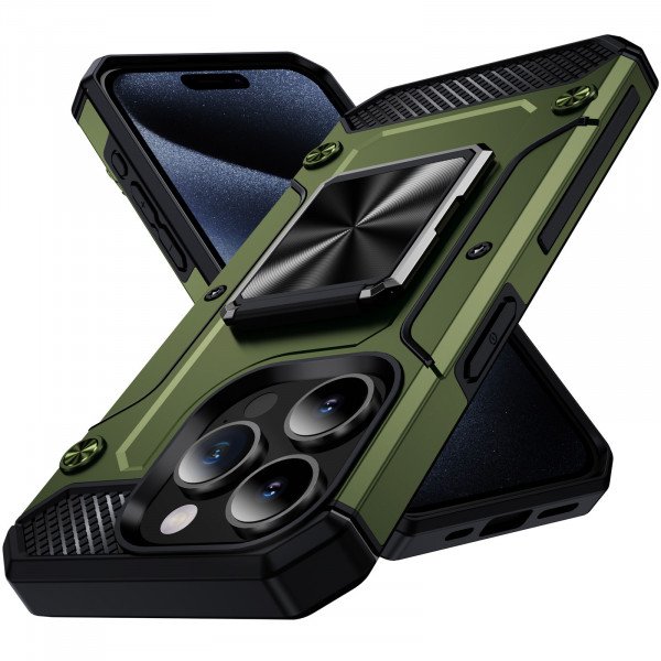 Wholesale Dual Layer Rotating Cube Ring Holder Kickstand Case with Magnetic Car Mount Plate for Apple iPhone 15 Pro Max (Green)