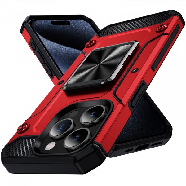 Wholesale Dual Layer Rotating Cube Ring Holder Kickstand Case with Magnetic Car Mount Plate for Apple iPhone 15 Pro Max (Red)