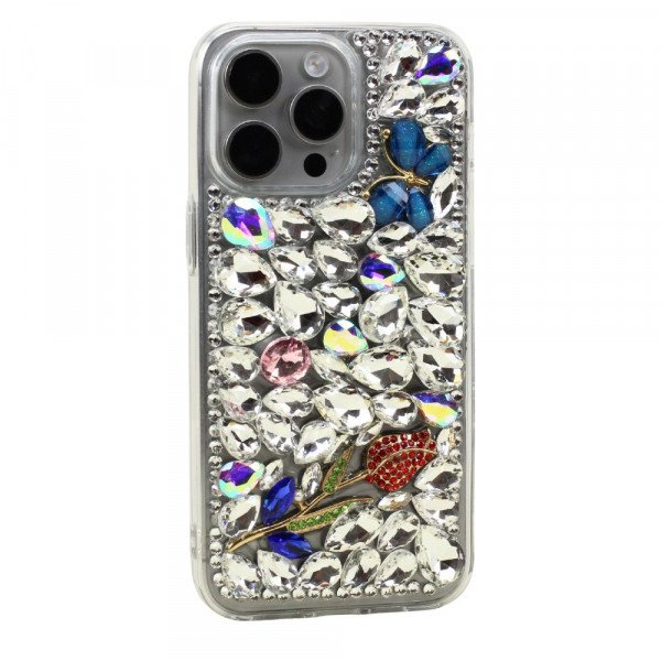 Wholesale Luxury Diamond Crystal Rhinestone Glitter Shiny Sparkle Cover Case for Apple iPhone 15 Pro Max (Silver Rose)