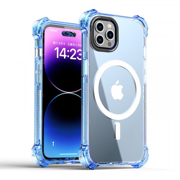 Wholesale Slim Transparent Shockproof Corner Bumper Protection Magnetic Magsafe Circle Cover Case for Apple iPhone 15 Pro (Blue)