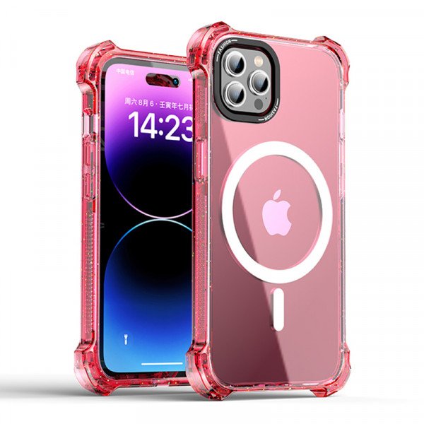 Wholesale Slim Transparent Shockproof Corner Bumper Protection Magnetic Magsafe Circle Cover Case for Apple iPhone 15 Pro (Hot Pink)
