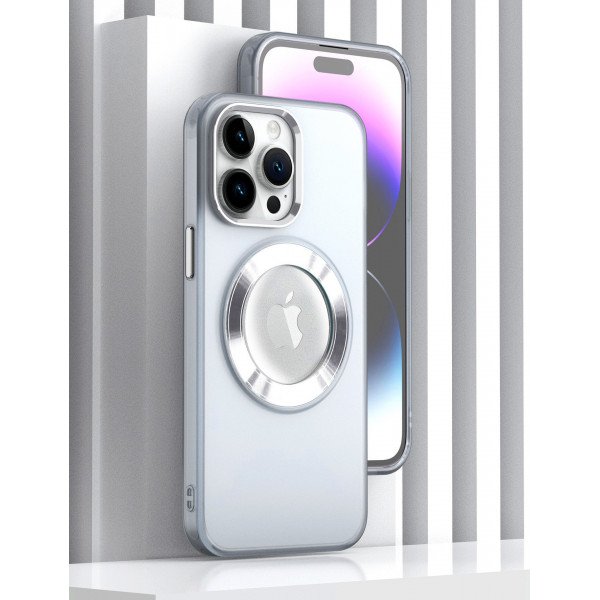Wholesale Slim Transparent Matte Finish Chrome Button Enhanced Magnetic Magsafe Hybrid Cover Case for Apple iPhone 15 / 16e (Silver)