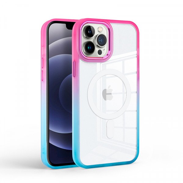 Wholesale Clear Transparent Rainbow Gradient Edge Bumper Protection Magnetic Magsafe Circle Cover Case for Apple iPhone 15 Pro Max (Hot Pink/Blue)