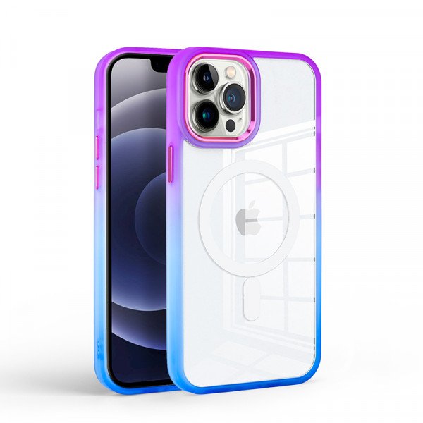 Wholesale Clear Transparent Rainbow Gradient Edge Bumper Protection Magnetic Magsafe Circle Cover Case for Apple iPhone 15 Pro (Purple/Blue)