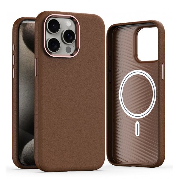 Wholesale Slim PU Leather Luxury Shockproof Magsafe Compatible Protective Cover Phone Case for Apple iPhone 15 Pro Max (Brown)