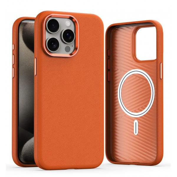 Wholesale Slim PU Leather Luxury Shockproof Magsafe Compatible Protective Cover Phone Case for Apple iPhone 15 Pro Max (Orange)
