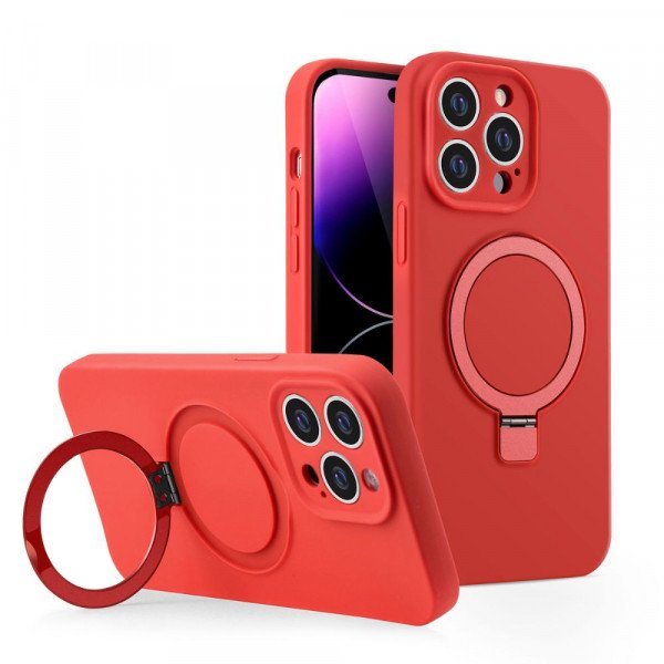 Wholesale Premium Silicone Soft Flexible Slim Magnetic Magsafe Circle Kickstand Cover Case for Apple iPhone 15 Pro Max (Red)