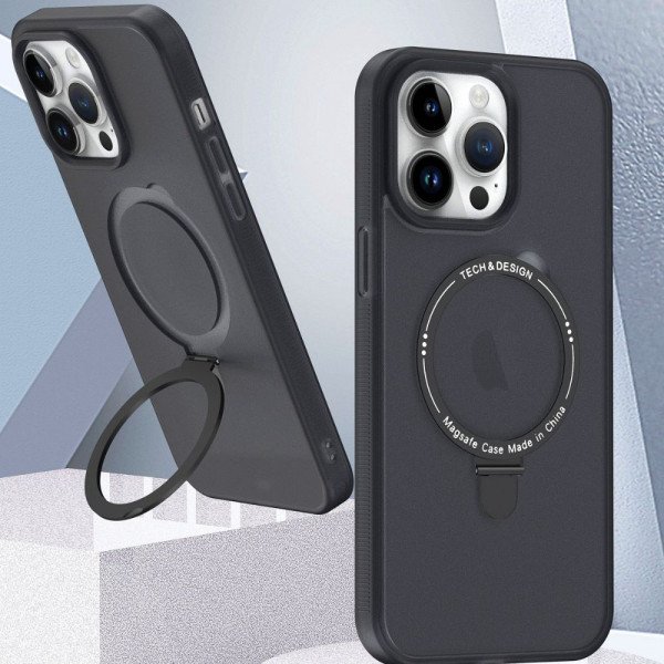 Wholesale Glossy Matte Finish Slim Transparent Magnetic Magsafe Circle Kickstand Cover Case for Apple iPhone 15 Pro Max (Black)