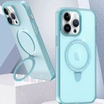 Wholesale Glossy Matte Finish Slim Transparent Magnetic Magsafe Circle Kickstand Cover Case for Apple iPhone 15 Pro Max (Blue)