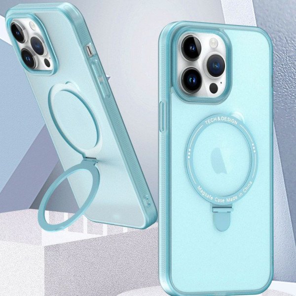 Wholesale Glossy Matte Finish Slim Transparent Magnetic Magsafe Circle Kickstand Cover Case for Apple iPhone 15 Pro Max (Blue)