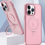Wholesale Glossy Matte Finish Slim Transparent Magnetic Magsafe Circle Kickstand Cover Case for Apple iPhone 15 Pro Max (Pink)