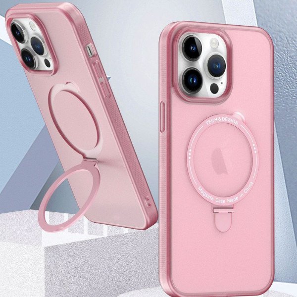 Wholesale Glossy Matte Finish Slim Transparent Magnetic Magsafe Circle Kickstand Cover Case for Apple iPhone 15 Pro Max (Pink)