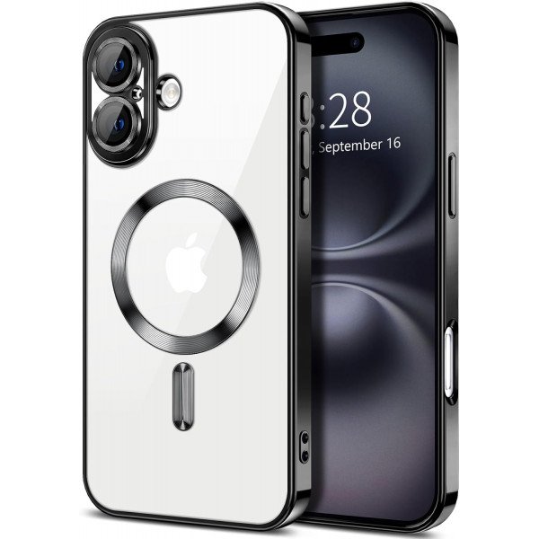 Wholesale Premium Chrome Design Transparent Magnetic Ring Case with Camera Protection for Apple iPhone 16 Plus (Black)
