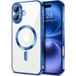 Wholesale Premium Chrome Design Transparent Magnetic Ring Case with Camera Protection for Apple iPhone 16 Plus (Navy Blue)