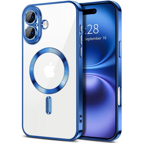 Wholesale Premium Chrome Design Transparent Magnetic Ring Case with Camera Protection for Apple iPhone 16 Plus (Navy Blue)