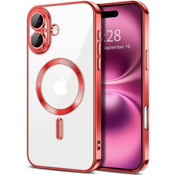 Wholesale Premium Chrome Design Transparent Magnetic Ring Case with Camera Protection for Apple iPhone 16 Plus (Red)