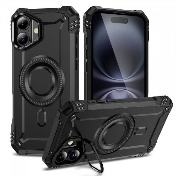 Wholesale Full Body Magnetic MagSafe Military-Grade Shockproof Protective Case with Kickstand for Apple iPhone 16 (Black)