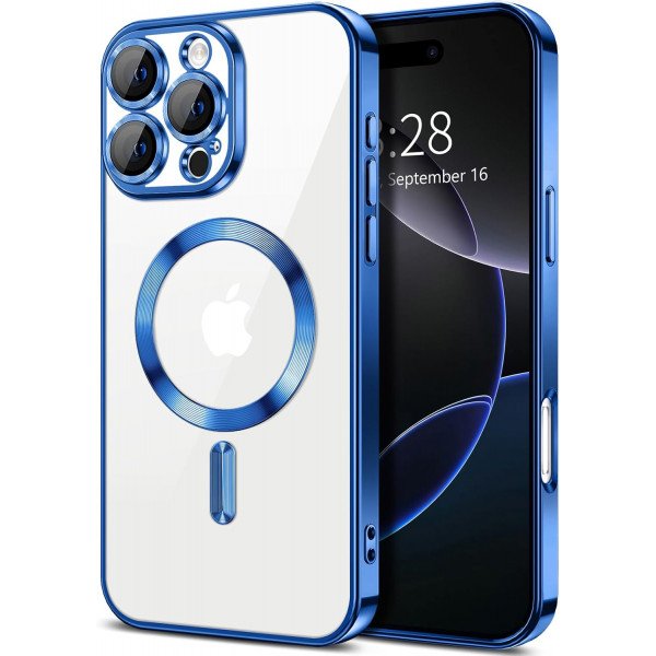 Wholesale Premium Chrome Design Transparent Magnetic Ring Case with Camera Protection for Apple iPhone 16 Pro (Navy Blue)