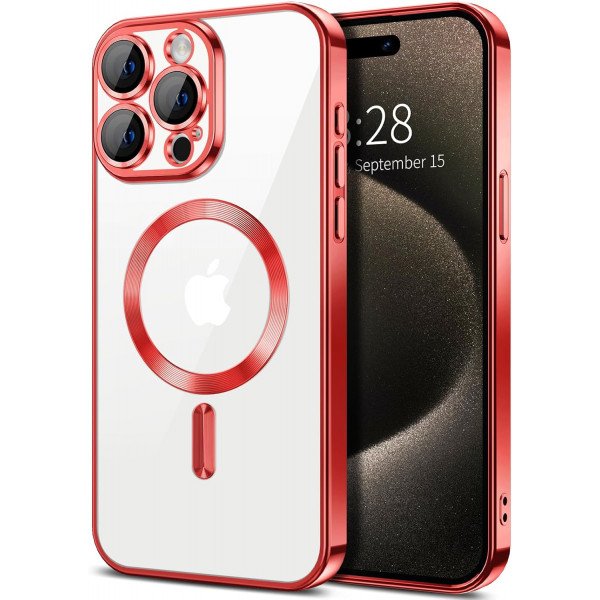 Wholesale Premium Chrome Design Transparent Magnetic Ring Case with Camera Protection for Apple iPhone 16 Pro (Red)
