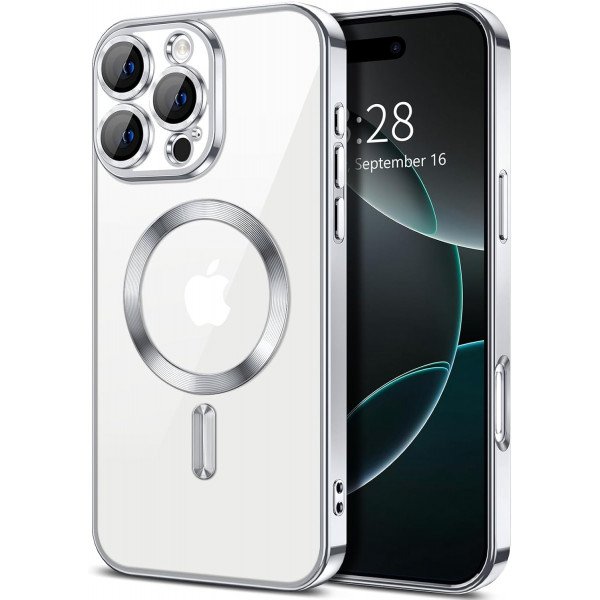 Wholesale Premium Chrome Design Transparent Magnetic Ring Case with Camera Protection for Apple iPhone 16 Pro (Silver)