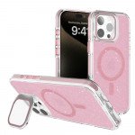 Clear Crystal Glitter Magnetic Case with Camera Protection & Kickstand Support for Apple iPhone 16 Pro Max (Pink)