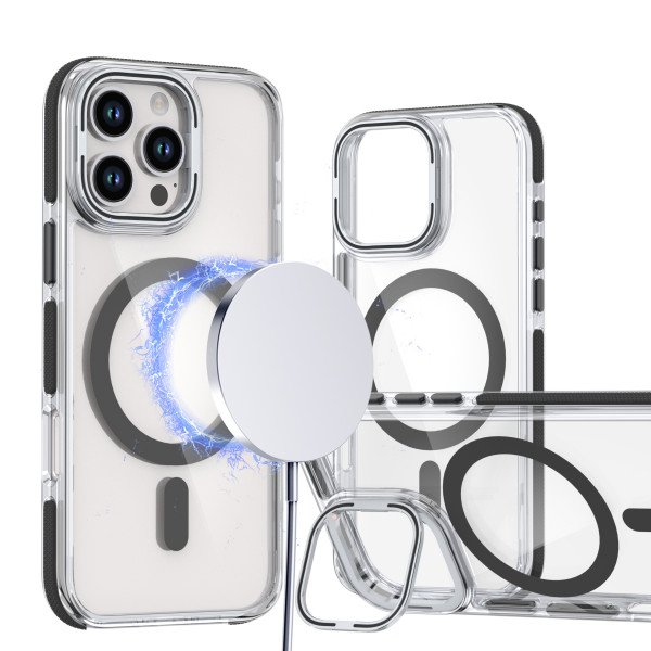 Wholesale Crystal Clear Magnetic MagSafe Kickstand Case with Camera Lens Protection for iPhone 16 Pro Max (Black)