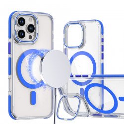 Crystal Clear Magnetic MagSafe Kickstand Case with Camera Lens Protection for iPhone 16 Pro Max (Blue)