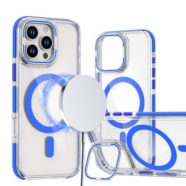 Wholesale Crystal Clear Magnetic MagSafe Kickstand Case with Camera Lens Protection for iPhone 16 Pro Max (Blue)