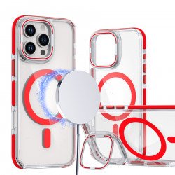 Crystal Clear Magnetic MagSafe Kickstand Case with Camera Lens Protection for iPhone 16 Pro Max (Red)