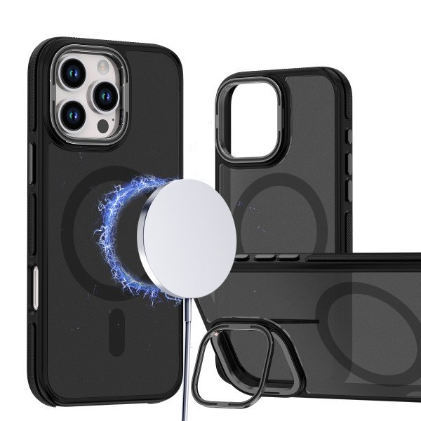 Wholesale Matte Finish Magnetic Magsafe Compatible Camera Lens Protection Kickstand Cover Case for iPhone 16 (Black)