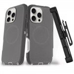 Heavy Duty Armor Protection Cover Case with Magnetic Wireless Charging and Belt Clip for Apple iPhone 16 Pro Max (Gray / White)