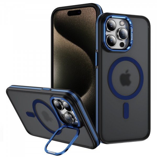 Wholesale Premium Matte Finish Magnetic Super Magsafe Camera Protection Lens Kickstand Case for Apple iPhone 16 Pro Max (Blue)