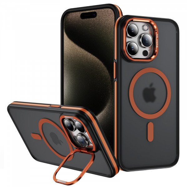 Wholesale Premium Matte Finish Magnetic Super Magsafe Camera Protection Lens Kickstand Case for Apple iPhone 16 Pro Max (Orange)