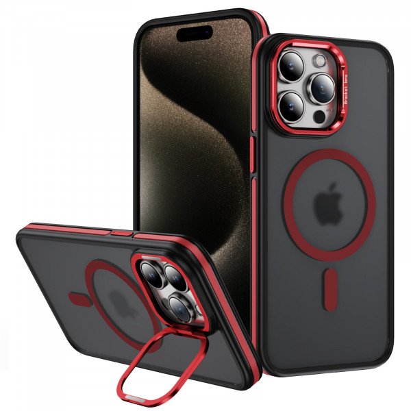 Wholesale Premium Matte Finish Magnetic Super Magsafe Camera Protection Lens Kickstand Case for Apple iPhone 16 Pro Max (Red)