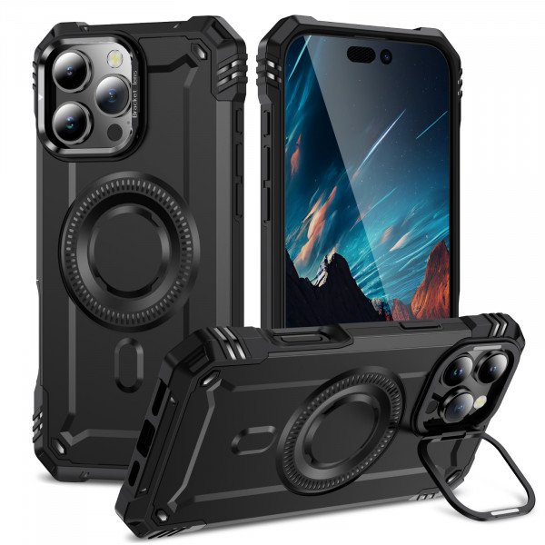 Wholesale Full Body Magnetic MagSafe Military-Grade Shockproof Protective Case with Kickstand for Apple iPhone 16 Pro Max (Black)