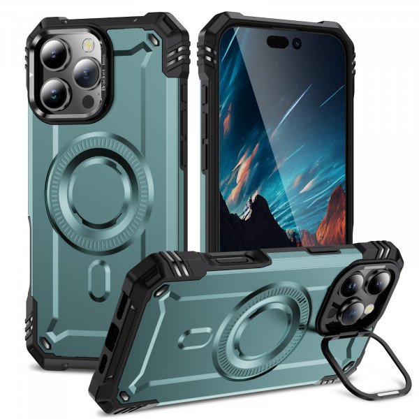 Wholesale Full Body Magnetic MagSafe Military-Grade Shockproof Protective Case with Kickstand for Apple iPhone 16 Pro Max (Green)