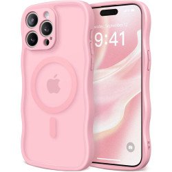 Curly Wavy Design Grip Matte Translucent Phone Case with Magnetic Magsafe Ring and Camera Protection for Apple iPhone 16 Pro Max (Pink)
