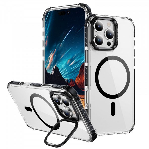 Wholesale Transparent Super MagSafe Bumper Case with Lens Kickstand Camera Protection for Apple iPhone 16 Pro Max (Black)